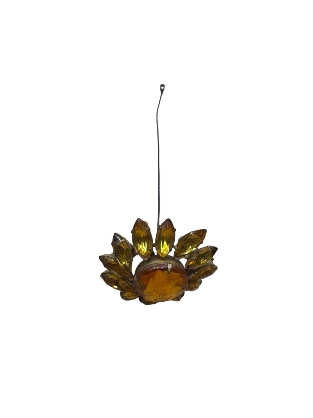 Vintage Amber Glass Flower Hat Pin Sunflower Long Wire Stem Gold-Tone Sunburst